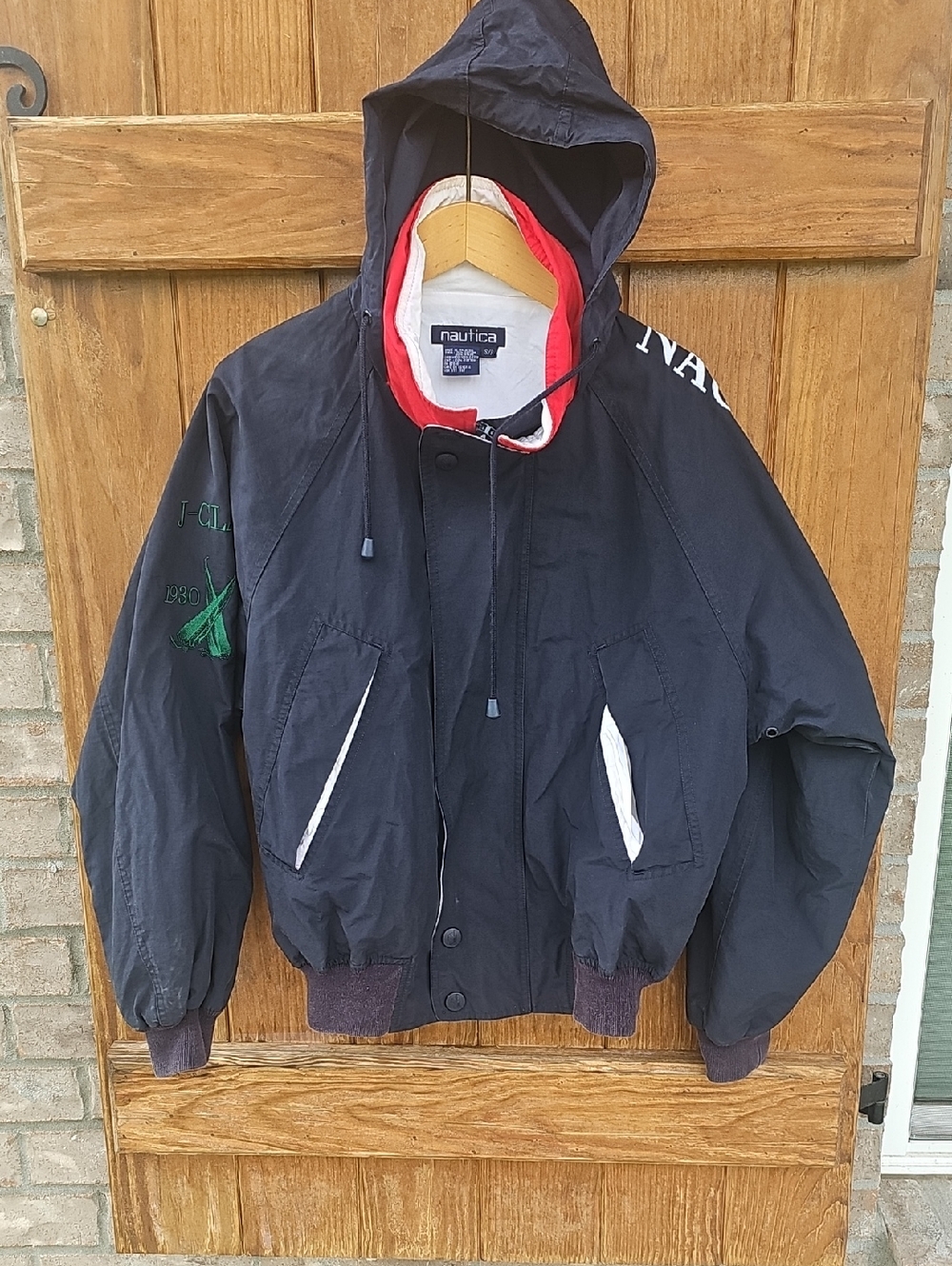 Nautica Navy Hooded Bomber Jacket with Red Trim